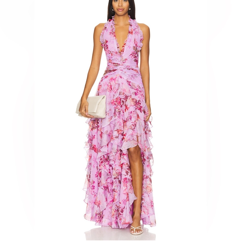 PATBO FLORAL HAZE STRETCH TULLE MAXI DRESS